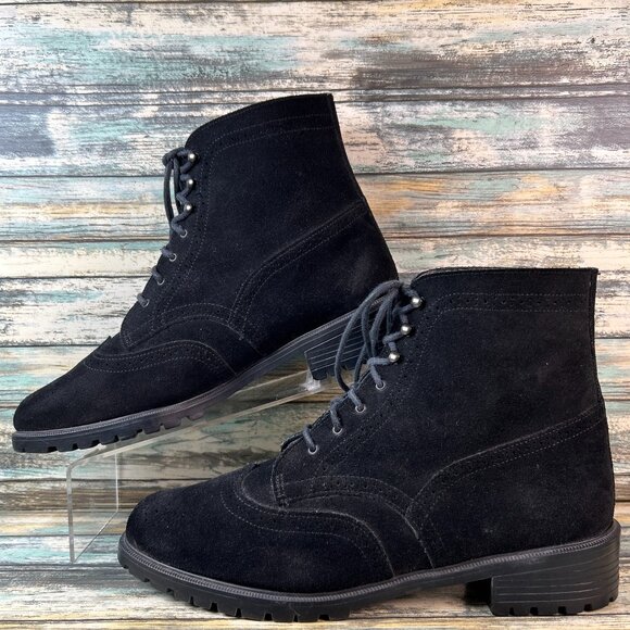 Eddie Bauer Vintage Ankle Boots Size 12M Black Suede Wingtip Lace Up Made In USA - Picture 2 of 14